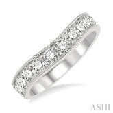 1 Ctw Curved Center Milgrain Border Round Cut Diamond Wedding Band in 14K White Gold