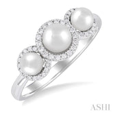1/6 Ctw Past, Present & Future 4MM & 5MM Cultured Pearl and Round Cut Diamond Halo Ring in 14K White Gold