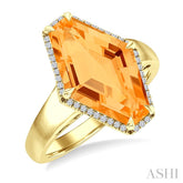 16x10 MM Hexagon Shape Citrine and 1/10 Ctw Round Cut Diamond Halo Semi-Precious Ring in 14K Yellow Gold