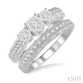 1 Ctw Lovebright Round Cut Diamond Wedding Set With 1/2 Ctw Tri-Mount Engagement Ring and 3/8 Ctw Lattice Wedding Band in 14K White Gold