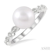 8 MM Cultured Pearl and 1/10 Ctw Round Cut Diamond Ring in 14K White Gold