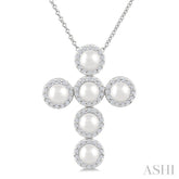 4 MM Cross Cultured Pearl and 1/3 Ctw Round Cut Diamond Pendant With Chain in 14K White Gold
