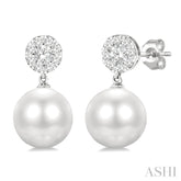 7 MM Cultured White Pearl and 1/4 Ctw Disc Top Lovebright Round Cut Diamond Fashion Earrings in 10K White Gold
