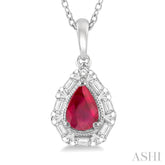 6x4 MM Pear Shape Ruby and 1/5 Ctw Baguette and Round Cut Diamond Precious Pendant With Chain in 14K White Gold