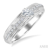 1/3 Ctw Textured Shank Tilted Pear and Round Cut Diamond Fashion Band in 14K White Gold