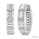 1/10 Ctw Wide Ribbed Plain Polished and Round Cut Diamond Bold Fashion Hoop Earrings in Sterling Silver