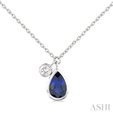 6x4 MM Pear Cut Sapphire and 1/20 Ctw Bezel Set Round Cut Diamond Precious Pendant With Chain in 14K White Gold