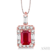 6x4 MM Octagon Cut Ruby and 1/3 Ctw Round Cut Diamond Precious Pendant in 14K Rose Gold with Chain