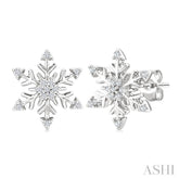 1/10 Ctw Petite Snowflake Round Cut Diamond Halo Fashion Stud Earring in 10K White Gold