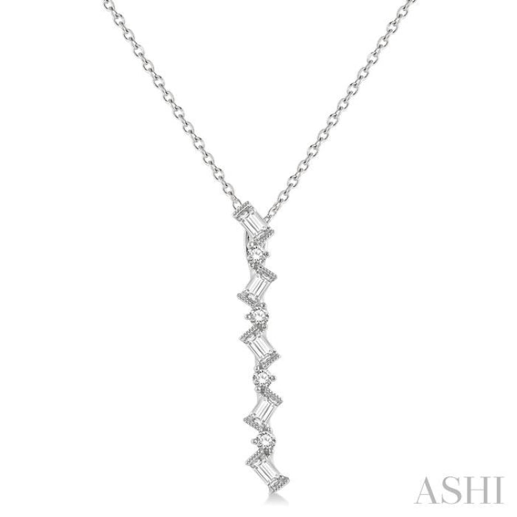 1/3 Ctw Zig-Zag Baguette and Round Cut Diamond Pendant With Chain in 14K White Gold 1/3 Ctw Zig-Zag Baguette and Round Cut Diamond Pendant With Chain in 14K White Gold