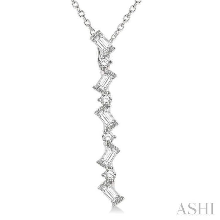 1/3 Ctw Zig-Zag Baguette and Round Cut Diamond Pendant With Chain in 14K White Gold 1/3 Ctw Zig-Zag Baguette and Round Cut Diamond Pendant With Chain in 14K White Gold