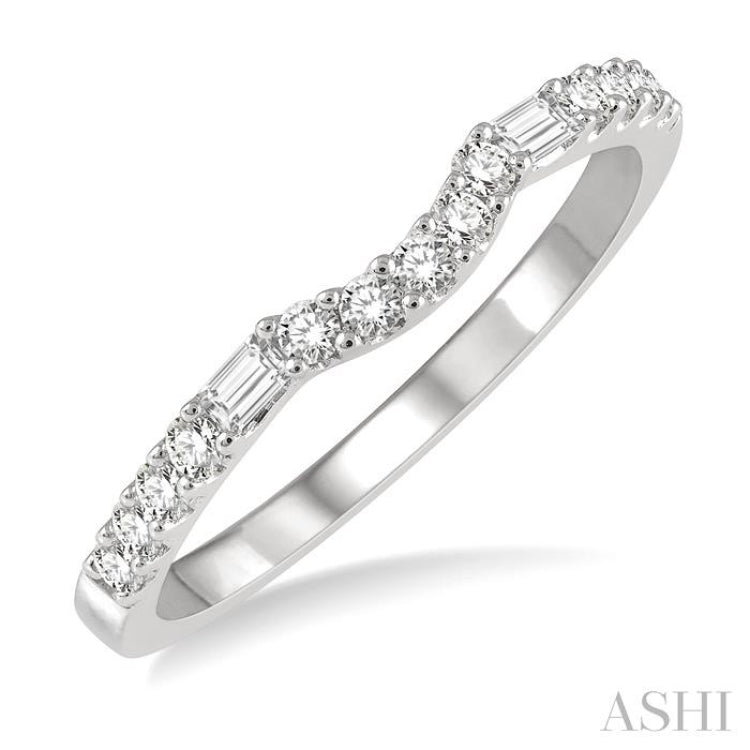 1/4 Ctw Arched Center Baguette and Round Cut Diamond Wedding Band in 14K White Gold 1/4 Ctw Arched Center Baguette and Round Cut Diamond Wedding Band in 14K White Gold
