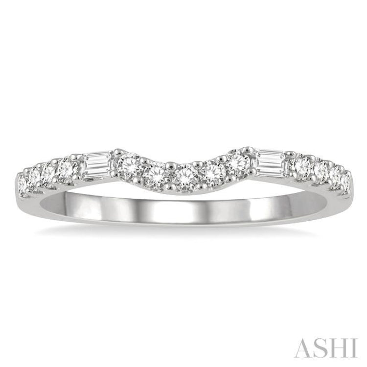 1/4 Ctw Arched Center Baguette and Round Cut Diamond Wedding Band in 14K White Gold 1/4 Ctw Arched Center Baguette and Round Cut Diamond Wedding Band in 14K White Gold