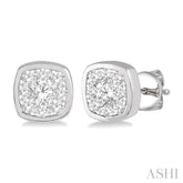 3/4 Ctw Cushion Shape Round Cut Diamond Lovebright Bezel Stud Earring in 14K White Gold