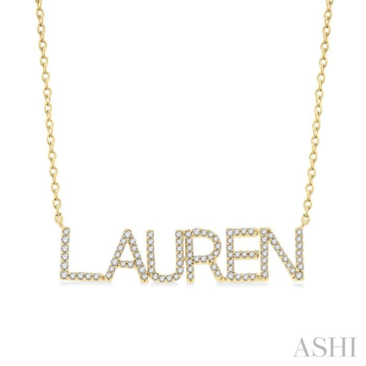 1/4 Ctw 'LAUREN' Block Name Round Cut Diamond Necklace in 10K Yellow Gold 1/4 Ctw 'LAUREN' Block Name Round Cut Diamond Necklace in 10K Yellow Gold