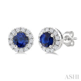 3.25 MM Round Sapphire and 1/10 Ctw Round Cut Diamond Halo Precious Stud Earrings in 14K White Gold