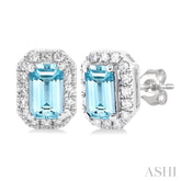 5x3 MM Octagonal Shape Aquamarine and 1/8 Ctw Single Cut Diamond Halo Semi-Precious Stud Earrings in 10K White Gold