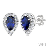 5x3 MM Pear Shape Sapphire and 1/8 Ctw Round Cut Diamond Halo Precious Stud Earrings in 10K White Gold