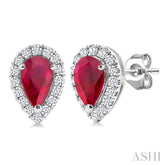 5x3 MM Pear Shape Ruby and 1/8 Ctw Round Cut Diamond Halo Precious Stud Earrings in 14K White Gold