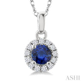3.25 MM Round Sapphire and 1/20 Ctw Single Cut Diamond Halo Precious Pendant with Chain in 10K White Gold