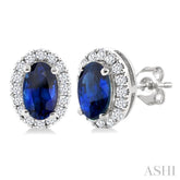 5x3 MM Oval Shape Sapphire and 1/8 Ctw Round Cut Diamond Halo Precious Stud Earrings in 10K White Gold