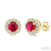 3.25 MM Round Ruby and 1/10 Ctw Round Cut Diamond Halo Precious Stud Earrings in 10K Yellow Gold