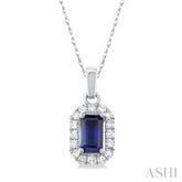 5x3 MM Octagonal Shape Sapphire and 1/20 Ctw Single Cut Diamond Halo Precious Pendant with Chain in 10K White Gold