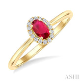 5x3 MM Oval Shape Ruby and 1/20 Ctw Round Cut Diamond Halo Precious Ring in 14K Yellow Gold