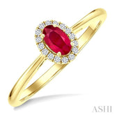 5x3 MM Oval Shape Ruby and 1/20 Ctw Round Cut Diamond Halo Precious Ring in 14K Yellow Gold