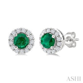 3.25 MM Round Emerald and 1/10 Ctw Round Cut Diamond Halo Precious Stud Earrings in 10K White Gold