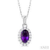 5x3 MM Oval Shape Amethyst and 1/20 Ctw Single Cut Diamond Halo Semi-Precious Pendant with Chain in 14K White Gold