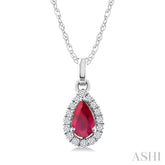 5x3 MM Pear Shape Ruby and 1/20 Ctw Round Cut Diamond Halo Precious Pendant with Chain in 14K White Gold