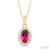 5x3 MM Oval Shape Pink Tourmaline and 1/20 Ctw Single Cut Diamond Halo Semi-Precious Pendant with Chain in 14K Yellow Gold