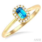 5x3 MM Octagonal Shape Blue Topaz and 1/20 Ctw Single Cut Diamond Halo Semi-Precious Ring in 14K Yellow Gold