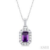 5x3 MM Octagonal Shape Amethyst and 1/20 Ctw Single Cut Diamond Halo Semi-Precious Pendant with Chain in 10K White Gold