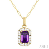 6x4 MM Octagonal Shape Amethyst and 1/6 Ctw Round Cut Diamond Halo Semi-Precious Pendant with Chain in 10K Yellow Gold