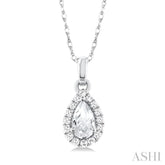 5x3 MM Pear Shape White Topaz and 1/20 Ctw Single Cut Diamond Halo Semi-Precious Pendant with Chain in 14K White Gold