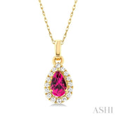 5x3 MM Pear Shape Pink Tourmaline and 1/20 Ctw Single Cut Diamond Halo Semi-Precious Pendant with Chain in 10K Yellow Gold