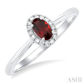 5x3 MM Oval Shape Garnet and 1/20 Ctw Single Cut Diamond Halo Semi-Precious Ring in 10K White Gold