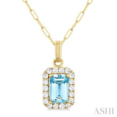 6x4 MM Octagonal Shape Aquamarine and 1/6 Ctw Round Cut Diamond Halo Semi-Precious Pendant with Chain in 10K Yellow Gold