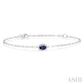 5x3 MM Oval Cut Sapphire and 1/20 Ctw Single Cut Diamond Halo Precious Paperclip Bracelet in 10K White Gold