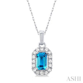 5x3 MM Octagonal Shape Blue Topaz and 1/20 Ctw Single Cut Diamond Halo Semi-Precious Pendant with Chain in 14K White Gold