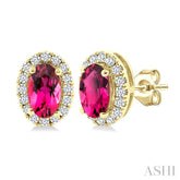 5x3 MM Oval Shape Pink Tourmaline and 1/8 Ctw Round Cut Diamond Halo Semi-Precious Stud Earrings in 14K Yellow Gold