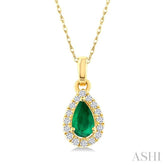 5x3 MM Pear Shape Emerald and 1/20 Ctw Single Cut Diamond Halo Precious Pendant with Chain in 14K Yellow Gold