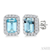 6x4 MM Octagonal Shape Aquamarine and 1/4 Ctw Round Cut Diamond Halo Semi-Precious Stud Earrings in 10K White Gold