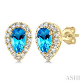 5x3 MM Pear Shape Blue Topaz and 1/8 Ctw Single Cut Diamond Halo Semi-Precious Stud Earrings in 10K Yellow Gold