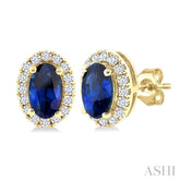 5x3 MM Oval Shape Sapphire and 1/8 Ctw Round Cut Diamond Halo Precious Stud Earrings in 14K Yellow Gold