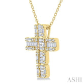1/2 Ctw Fusion Baguette and Round Cut Diamond Cross Fashion Pendant With Chain in 14K Yellow Gold