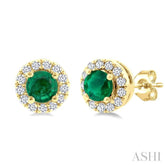 3.25 MM Round Emerald and 1/10 Ctw Round Cut Diamond Halo Precious Stud Earrings in 14K Yellow Gold