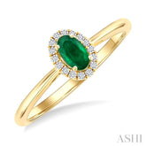 5x3 MM Oval Shape Emerald and 1/20 Ctw Round Cut Diamond Halo Precious Ring in 14K Yellow Gold